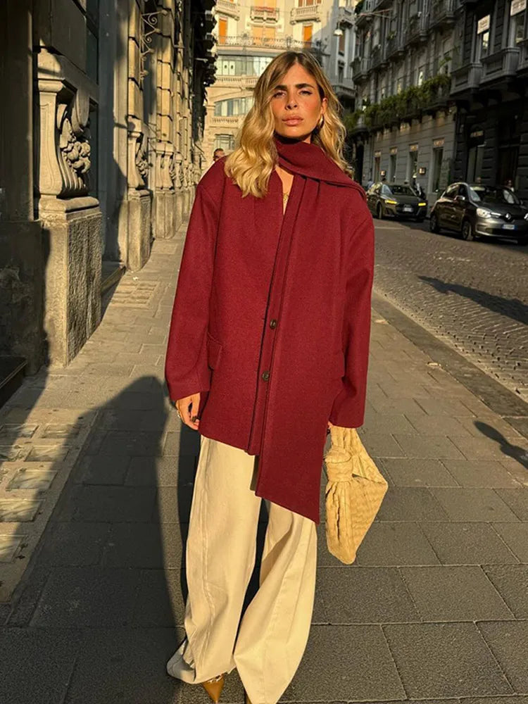 Causal Burgundy Autumn Full Sleeve Woolen Coat With Scarf Single Breasted Jacket Female New Office Wear