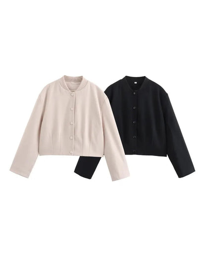 Woman Bomber Jacket White Autumn Winter Cropped Jackets for Long Sleeve With Buttons Lady Outwear