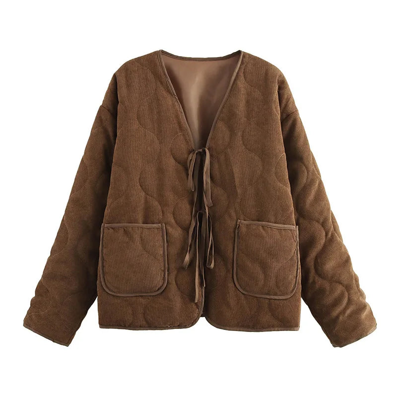Brown Quilted Padded Suede Coat Long Sleeve Lace Up Cropped Jacket Autumn Winter Lightweight New in Outerwears