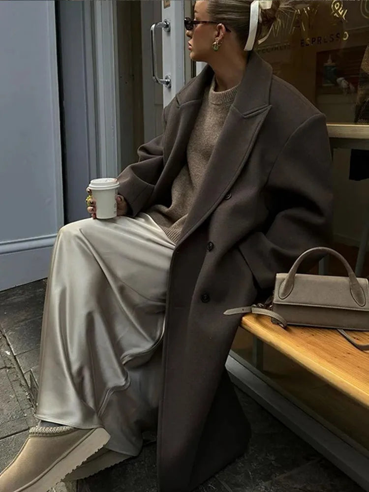 Brown Wool Long Coats for Loose Turn Down Collar Double Breasted Female Overcoat Autumn Winter Street Lady Outwear