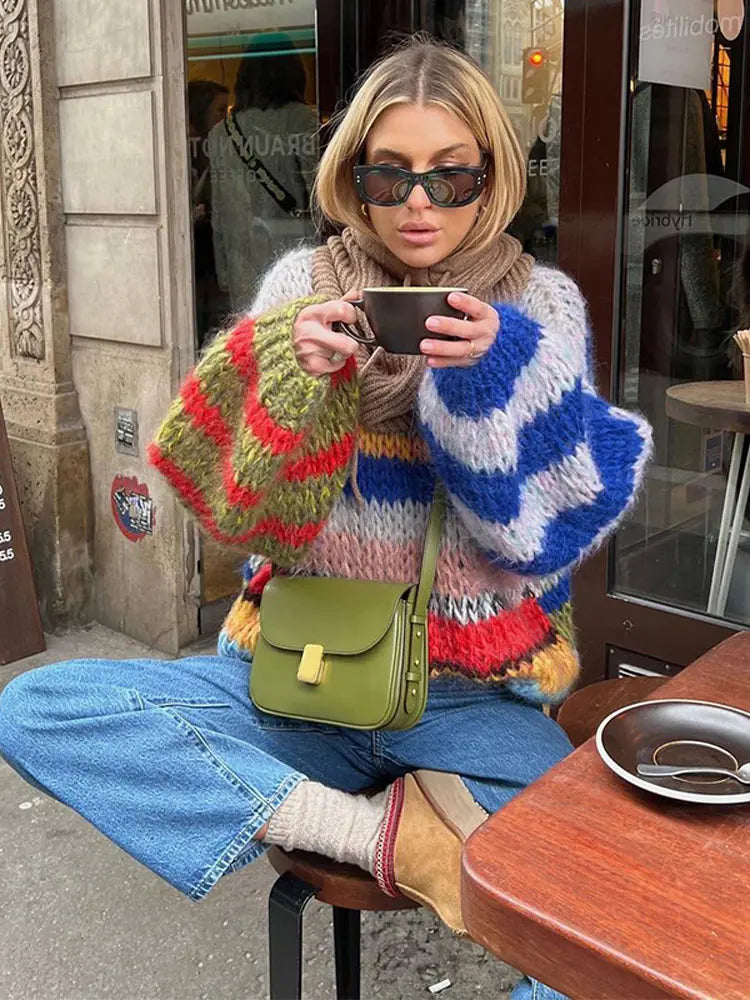 Knitted Colorful Stripes Sweater O Neck Puff Long Sleeves Short Pullover Autumn Lady High Street Jumper