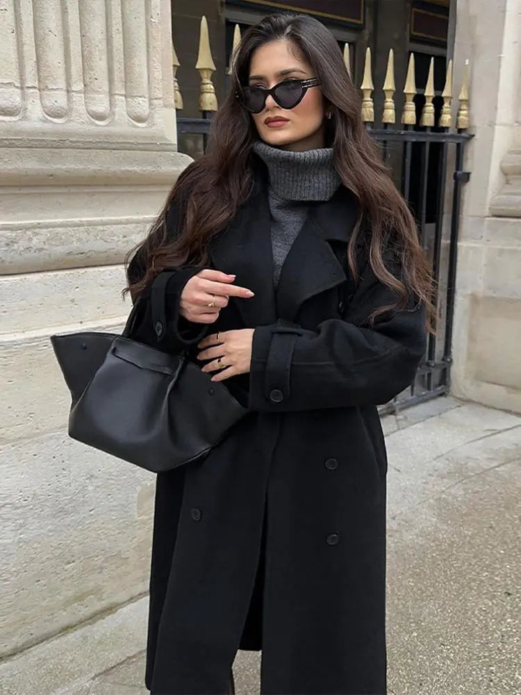 Double Breasted Woolen Overcoat Lapel Long Sleeve Jacket With Belt Female New Commute Outerwear