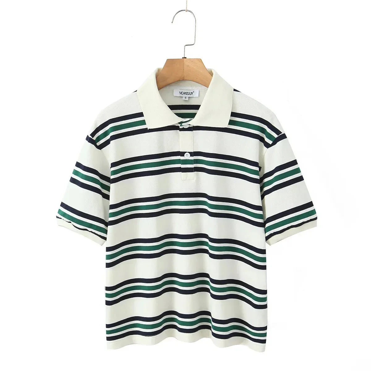 Striped Contrast Short Sleeve T-shirt Buttons Turndown Collar Tee Shirt Spring New Top Tees