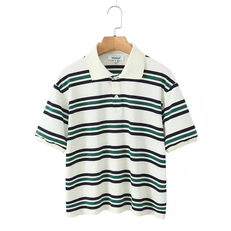 Striped Contrast Short Sleeve T-shirt Buttons Turndown Collar Tee Shirt Spring New Top Tees