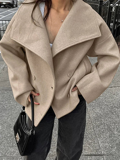 Tavimart - Large Lapel Collar Short Coats Retro Double-breasted Pocket Coat Female Autumn Loose Street Outwear