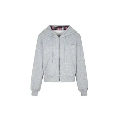 Tavimart - Plaid Patchwork Hoodies Gray 90s Retro Sweatshirt With Zipper Oversized Autumn Winter Clothes