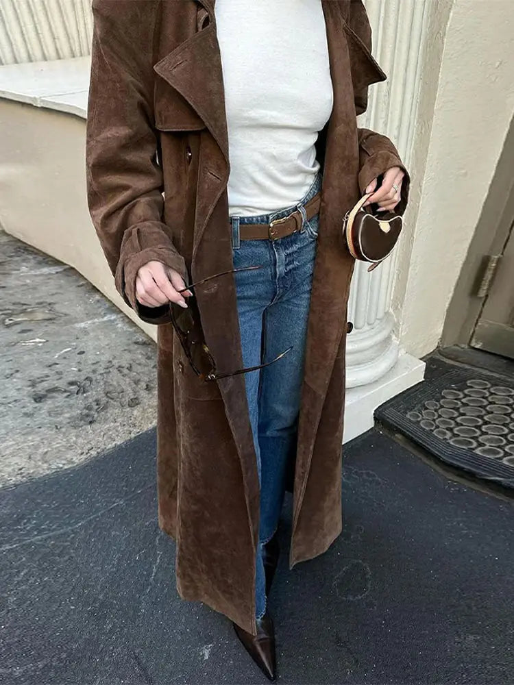 With Belt Suede Long Jacket Button Lapel Oversize Loose Overcoat Autumn Female High Street Coat
