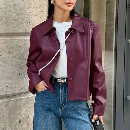 Burgundy Faux Leather Jackets Moto Biker Lapel Zipper Long Sleeve Female Coats Spring Lady Street Outwear