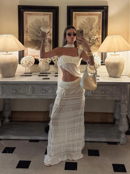 Beach Party Two-piece Set See Through Scarf Mini Wrap Top Mesh Irregular Hem+multi-pleated Bottoms Matching Suits