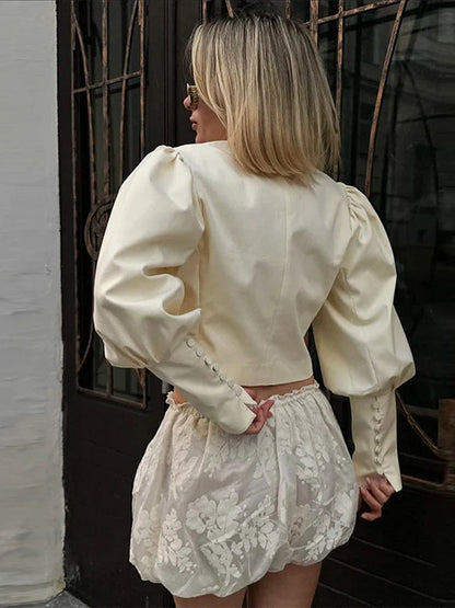 Retro Stand Collar Short Shirt Single Breasted Puffy Sleeve Shirts Coat Lady Versatile