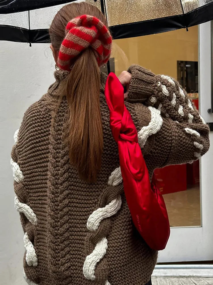 Turtleneck Sweater Contrast Twist Knitted Pullovers Crocheted Knitwear Long Sleeved Top Autumn Loose Jumper