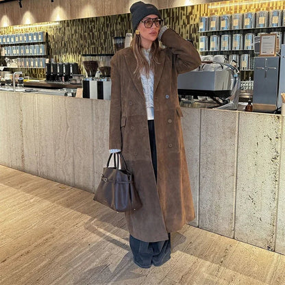 Long Long Sleeve Turn-down Collar Double Breasted Female Coat Autumn Lady Jacket New