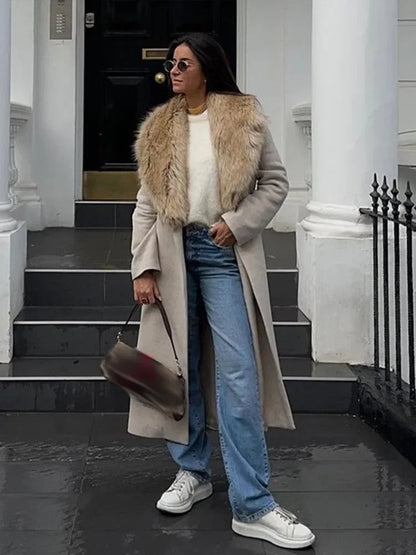 Faux Fur Patchwork Collar Woolen Belts Coat Button Up Pocket Thicken Warm Outwear Female Winter Jacket