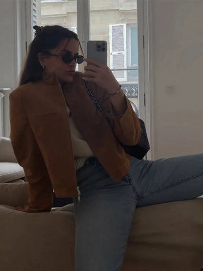 Stand Collar Suede Leather Jacket Coat Zipper Retro Long Sleeved Biker Jackets Loose Front Shoulder Short Outwear