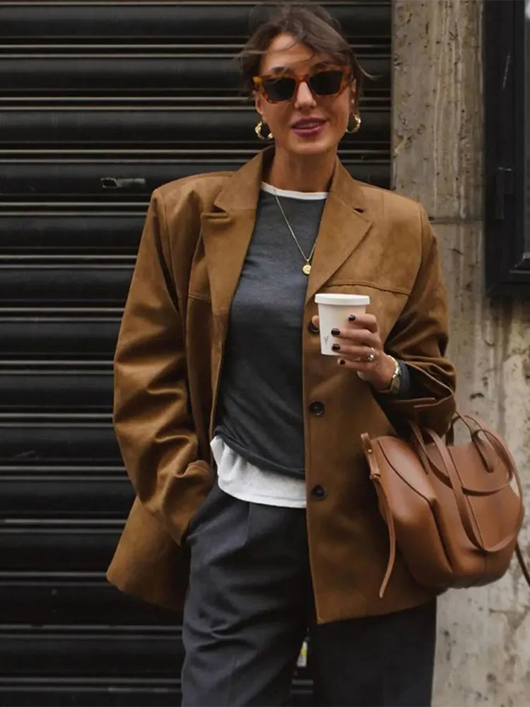 Brown Cropped Lapel Jacket Single Breasted Long Sleeve Loose Coat New Winter Female
