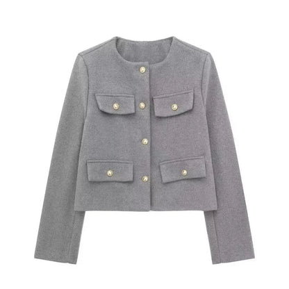 Button Fake Pocket Jacket O-neck Long Sleeve Single Breasted Cropped Coats New Lady Outerwear