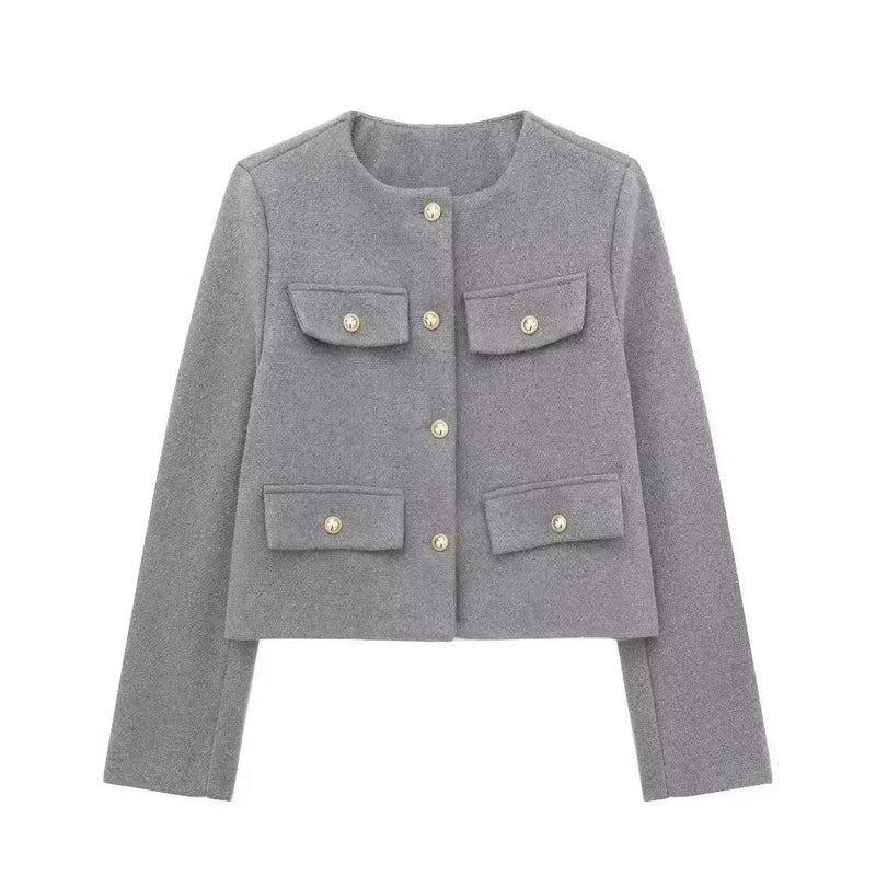 Button Fake Pocket Jacket O-neck Long Sleeve Single Breasted Cropped Coats New Lady Outerwear