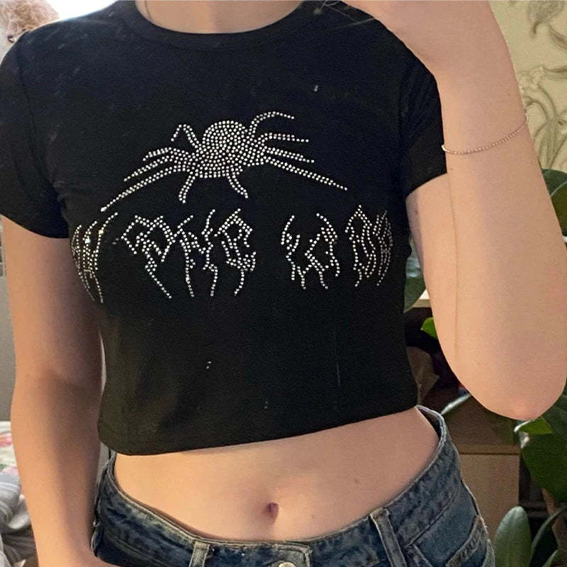 Spider Rhinestone Slim Crop T-shirt