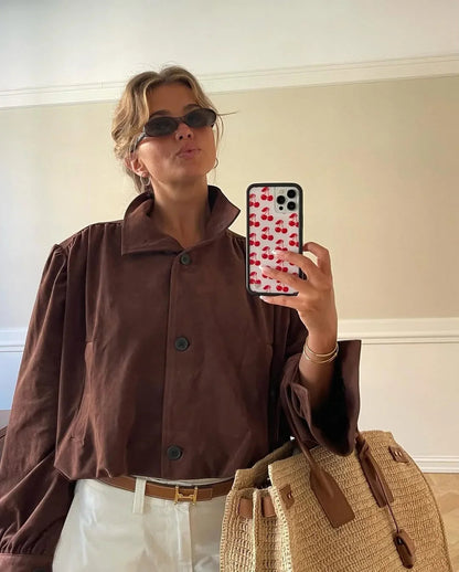 Retro Brown Suede Short Jacket Stand Collar Full Sleeves Single Breasteds Loose Coats Autumn Lady Street Wear
