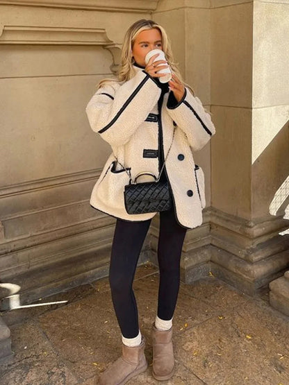 Plush Stand Collar Jackets Coat Lambwool White Single-breasted Pockets Jacket Female Autumn High Street Outwear