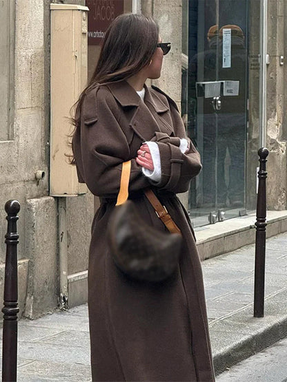 Lapel Long Coats With Belt Lace Up Double Breasted Full Sleeve Overcoat Autumn Winter New Lady