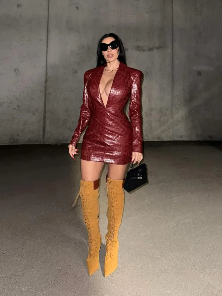 Deep V Red Lattice Leather Mini Dress Long Sleeve High Waist Fold Slim Dresses Lady New Highstreet Short Robe