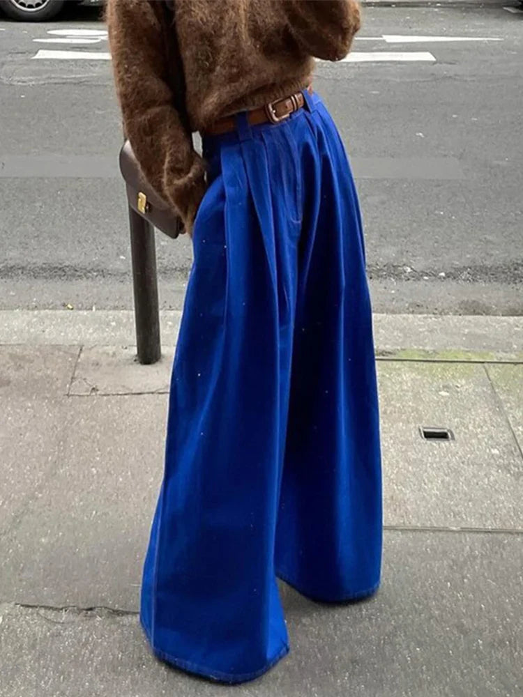 Wide Leg Pleated Pants for Loose High Waist Straight Striped Blue Street Pants Female Spring Street Trousers