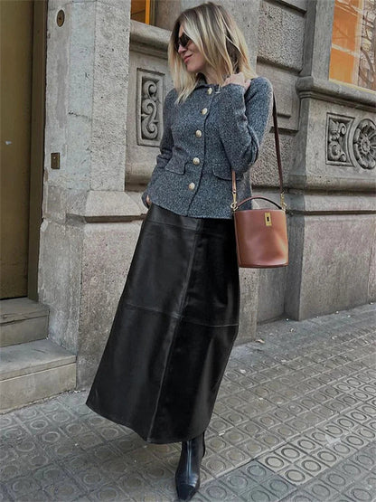 Black Pu High Waist Long Skirt for Patchwork Commute Slim Autumn Plaid Skirt Female Maxi Skirt