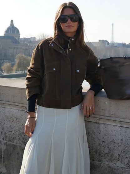 Zipper Suede Cargo Jacket Coat Button Lapel Maillard Slimming Workwear Leather Jackets Short Outwear Commute Overcoat