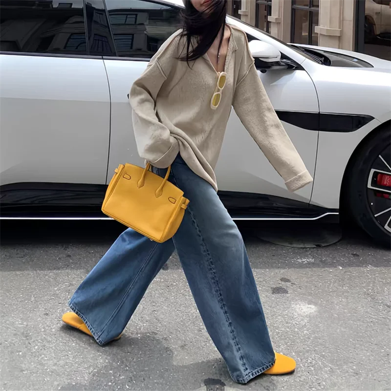 Washing Blue Street Wide-leg Jeans Cool Girl Baggy Pants Bottoms Female High Waist Straight Trousers