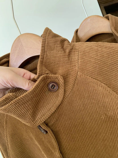 Color Corduroy Trench Coat Autumn Winter Single Breasted Stand Collar Long Outerwear Jacket