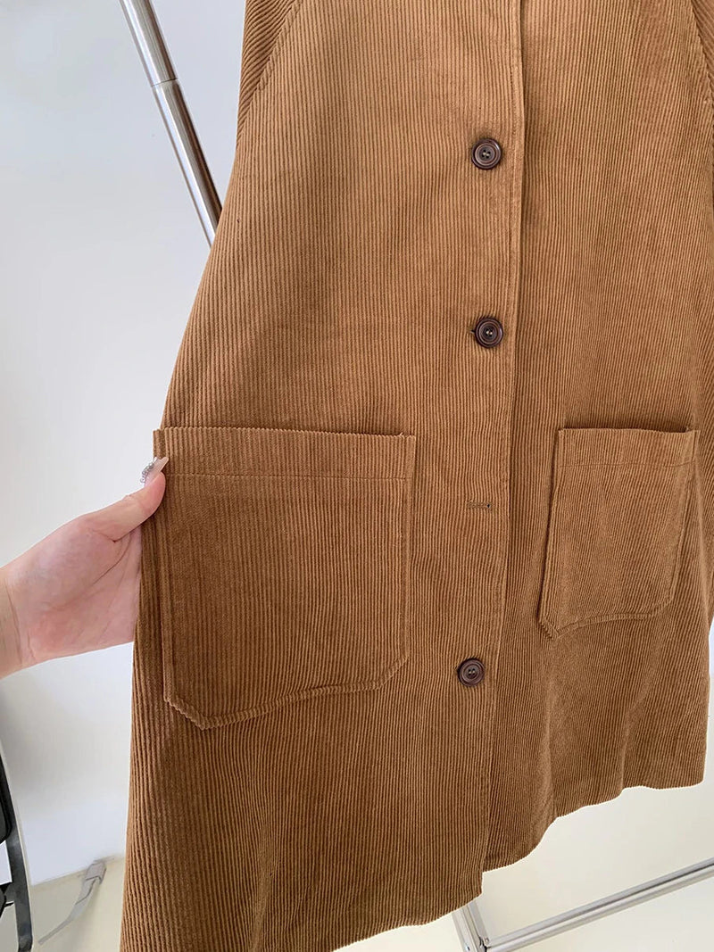 Color Corduroy Trench Coat Autumn Winter Single Breasted Stand Collar Long Outerwear Jacket