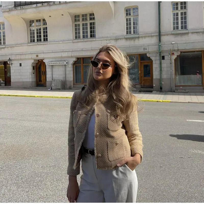 O-neck Pockets Short Coats for Autumn Long Sleeve Single Breasted Tweed Jacket New Cropped Coats Female