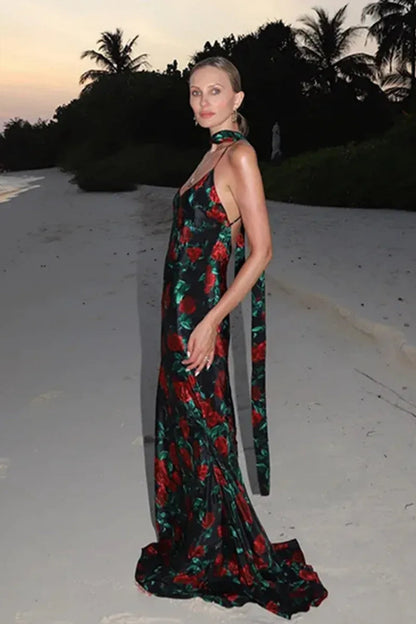 Print Backless Maxi Dress