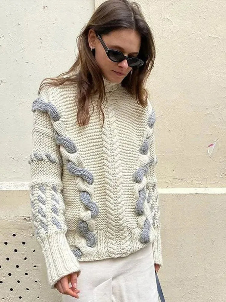 Turtleneck Sweater Contrast Twist Knitted Pullovers Crocheted Knitwear Long Sleeved Top Autumn Loose Jumper