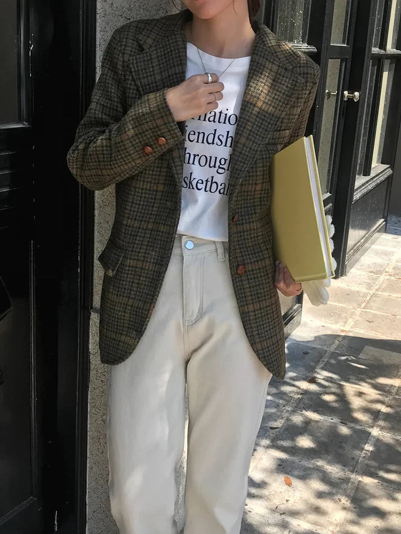 Wool Blends Coats Plaid Woolen Jacket Commute Blazer Korean Long Sleeve Outerwears Winter Overcoat