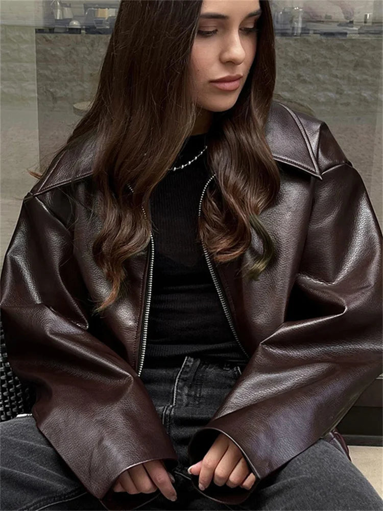 High Street Loose Female Pu Coat Zipper Slim High Waist Long Sleeve Patchwork Clothes Autumn Outwear