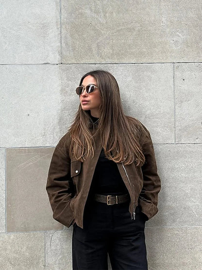 Zipper Suede Cargo Jacket Coat Button Lapel Maillard Slimming Workwear Leather Jackets Short Outwear Commute Overcoat