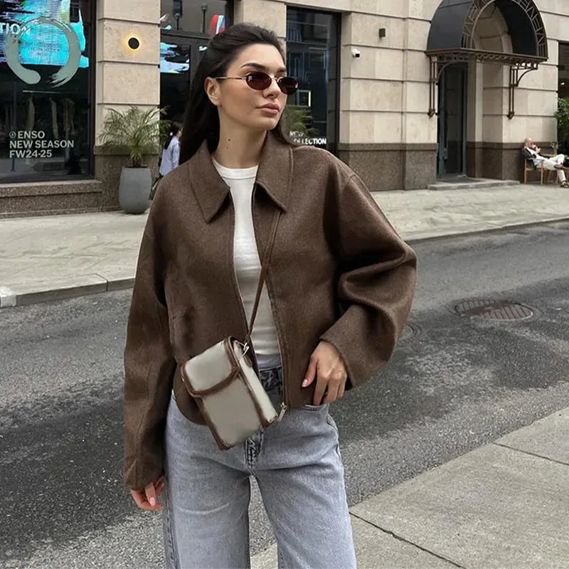 Lapel Short Jacket Loose Long Sleeve Zipper Crop Coats Autumn New Lady High Street Outwears