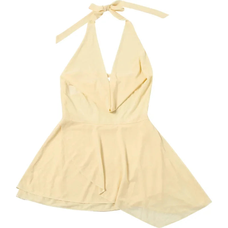 V-neck Mini Dress for Ruffled Backless Lace-up Patchwork Mesh Autumn New Slim Female Party Dress