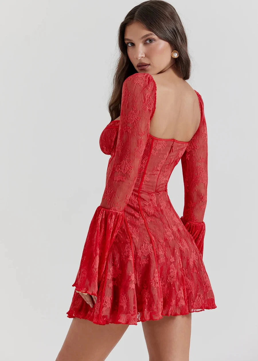 Self-tie Lace Long Sleeve Dress - Vibrant Red