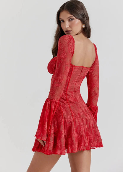 Self-tie Lace Long Sleeve Dress - Vibrant Red