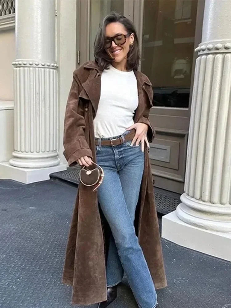 Female New Windbreaker Turn-down Collar Long Sleeves Belt Autumn Double Breasted Trench Coat Mujer