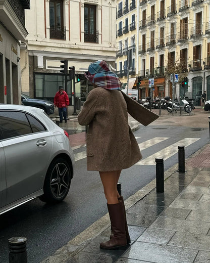 Retro Striped Scarf Collar Wool Blends Jacket Pockets Single Breasted Full Sleeve Coat Lady New Outwear