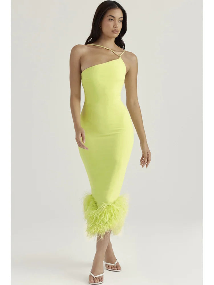 Legant Spaghetti Strap Feather Midi Dress