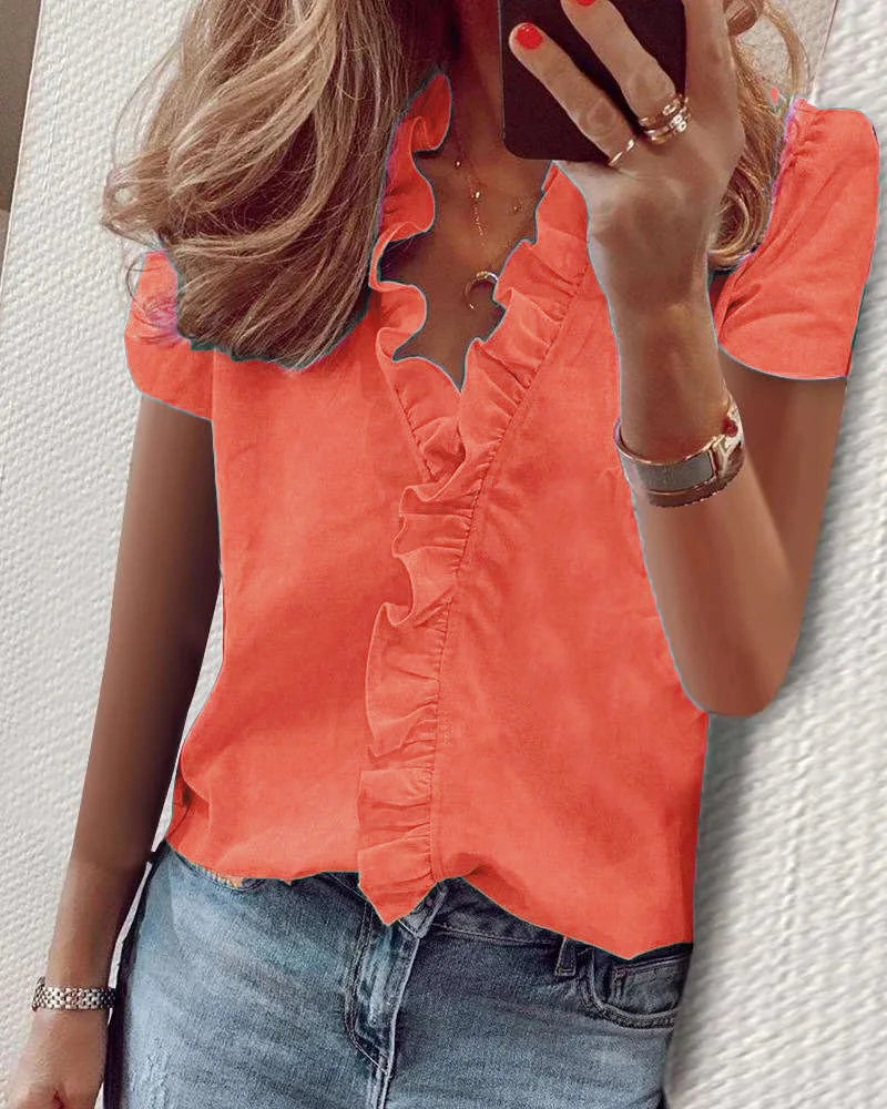 Summer Short Sleeve V-neck Blouse