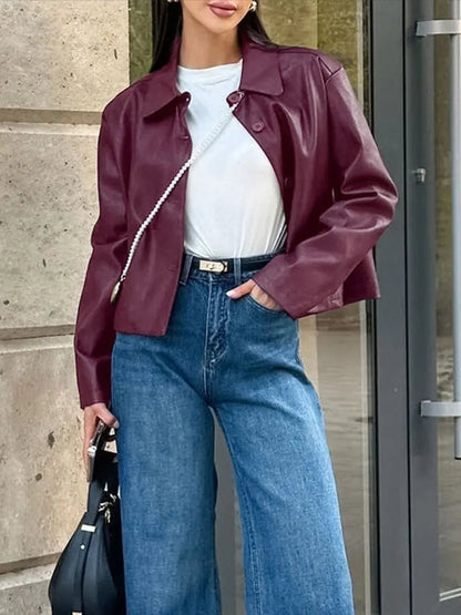Burgundy Faux Leather Jackets Moto Biker Lapel Zipper Long Sleeve Female Coats Spring Lady Street Outwear