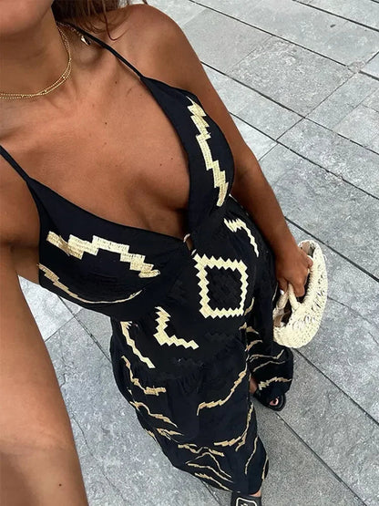 Backless Print Halter Maxi Dress Deep V-neck High Waist Split Dresses Summer Lady Loose High Street Robe