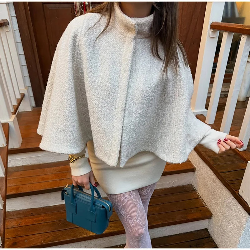 Cloak Loose High Neck a Line Hidden Button Coats Female Spring New Soft Cloaks Lady