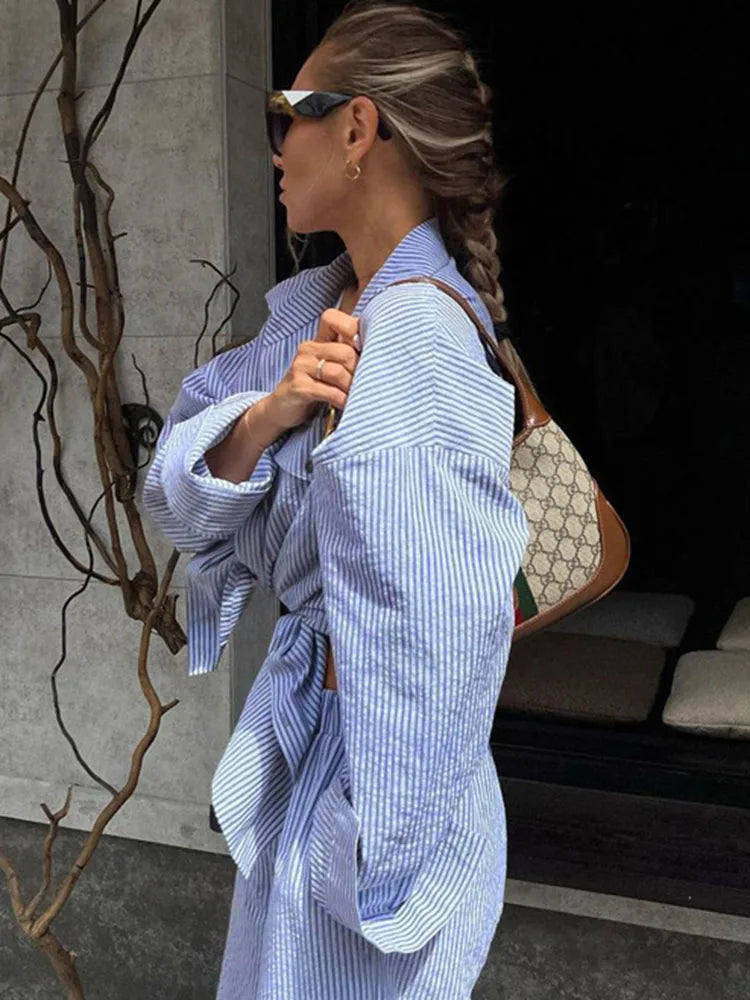 Contrast Color Shirt Pants Suit 2-piece Summer Striped Patchwork Suit 2-piece Pants Suit